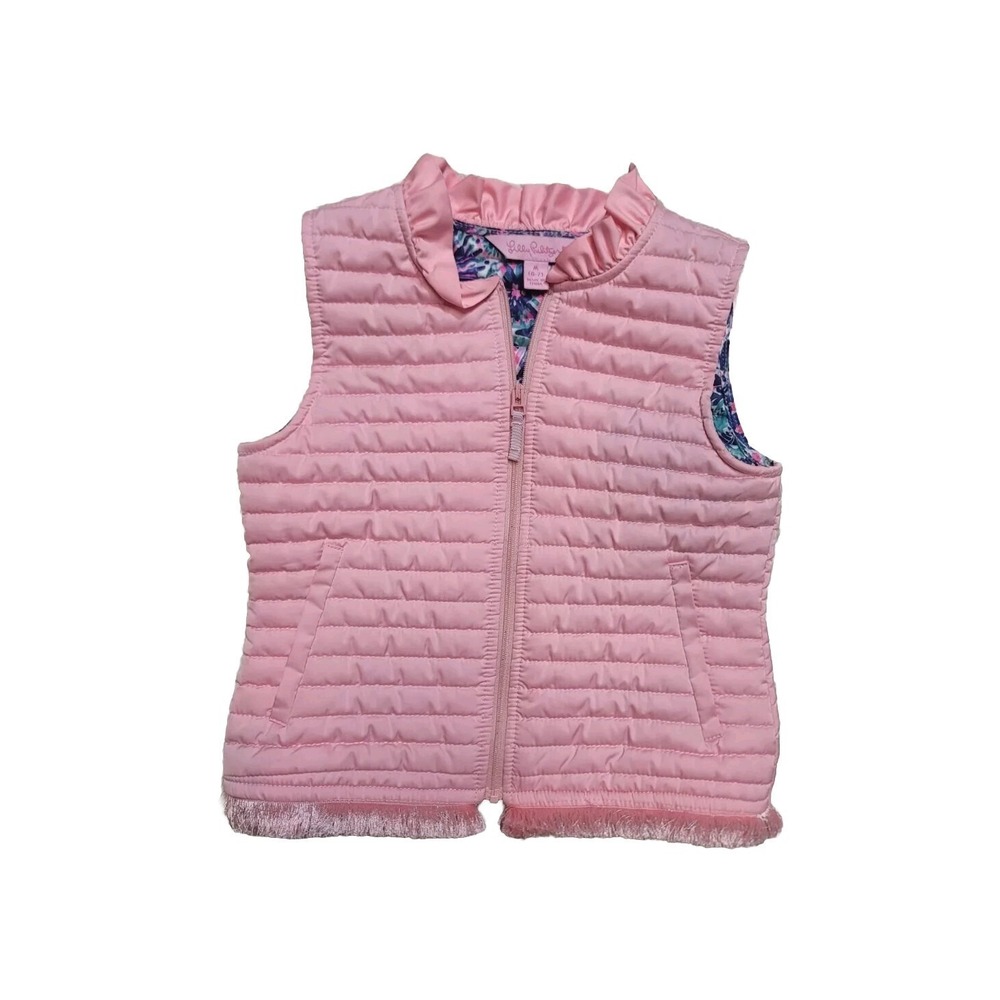 Lilly Pulitzer Girls  Quilted Ruffle and Fringe Zip Vest M‎ 6-7 Pink